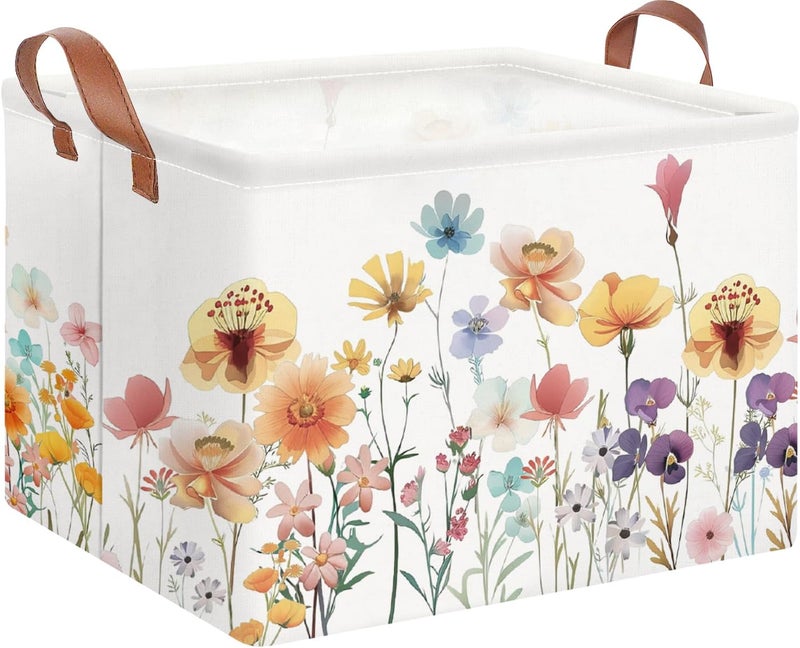 NTAOHAMPER Rectangular Storage Basket Empty,Toys Storage Bin with Handles,Baby Room Decor,Gift Basket,Book Box(Flower) - Image 1
